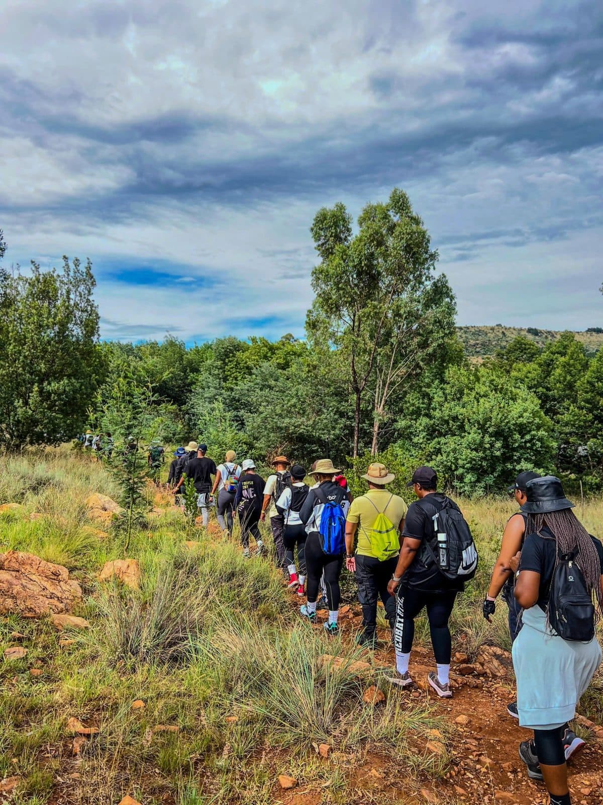 Club members hiking single file through the bushveld